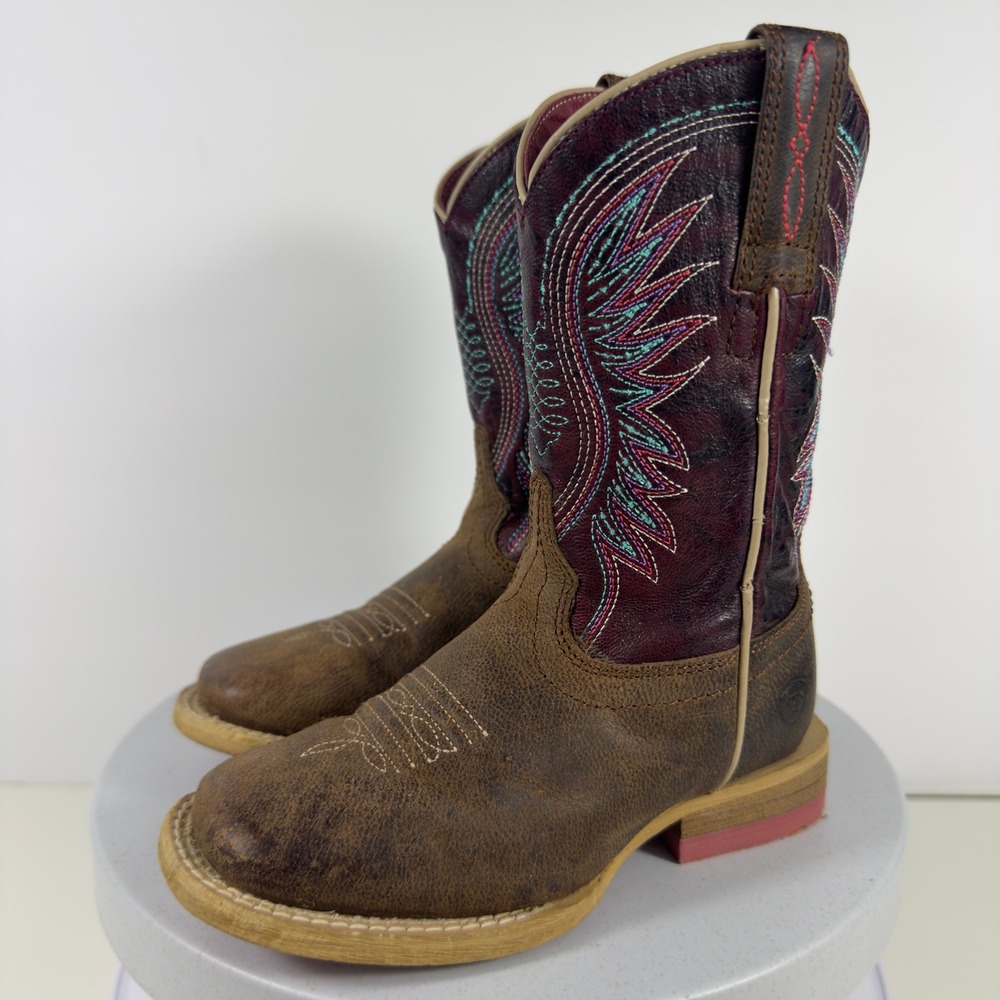 Ariat Vaquera Kids Western Cowboy Boots Leather Purple Brown Square Toe Size 8.5